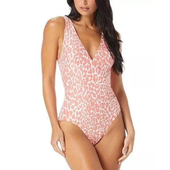 Carmen Marc Valvo Animal-Print Surplice One-Piece Swimsuit Size 6 Melon NWT